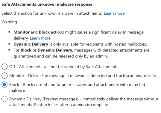 Microsoft Safe Attachment Options