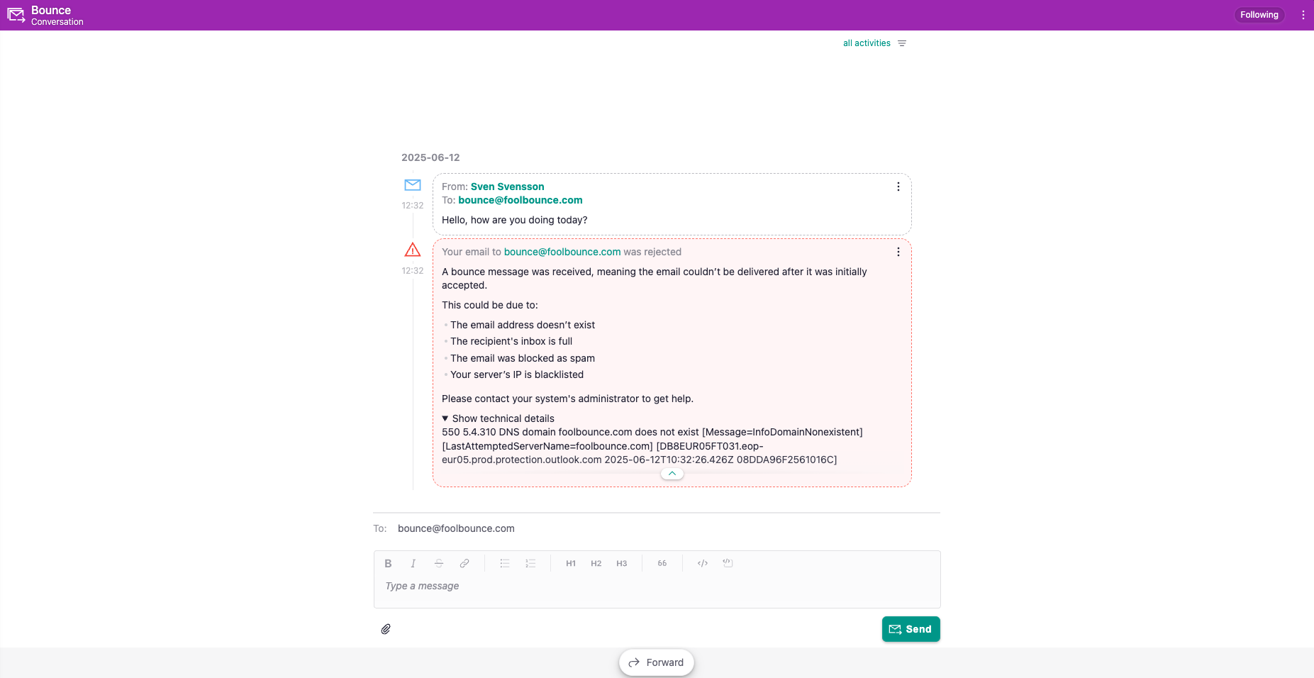 Bounce deliverability error example