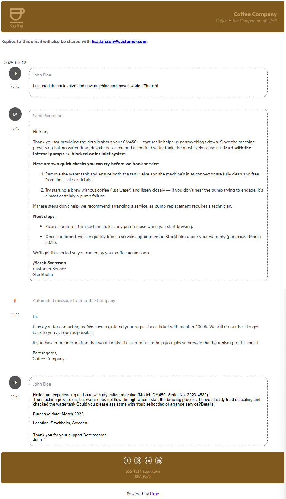 Example email in customer's inbox showing template with branding and conversation history